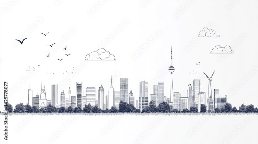 Fototapeta premium Minimalist Urban Skyline Illustration with Birds and Clouds