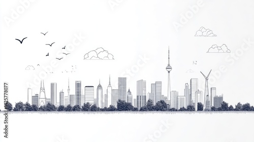 Wallpaper Mural Minimalist Urban Skyline Illustration with Birds and Clouds Torontodigital.ca