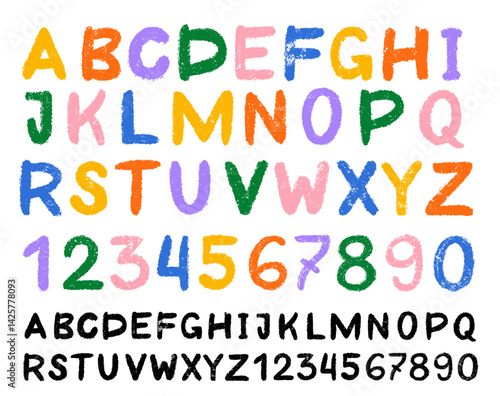 Kids font crayon set. Alphabet doodle funny playful, grunge hand drawn letters and numbers. Template school wax crayon abc for educational banners, school, kindergarten. Vector font cartoon children.