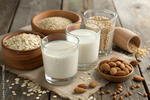 Plant-Based Milk Alternatives on Rustic Wooden Table – Almond, Oat & Sesame Showcase