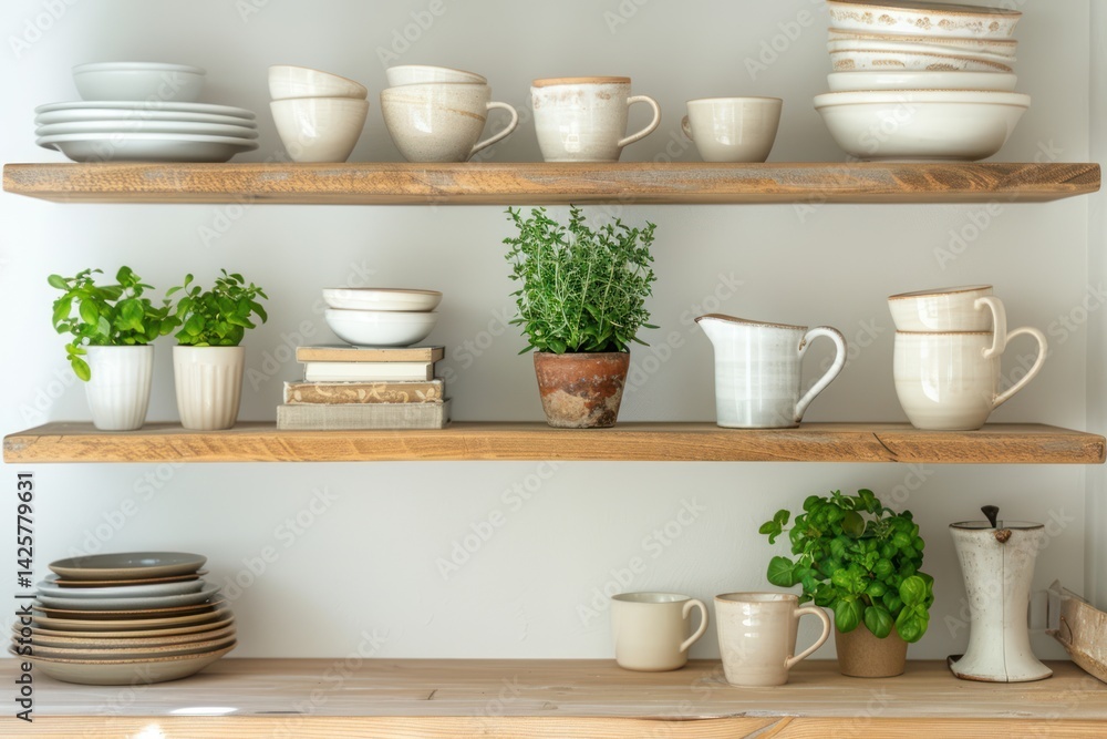 Rustic kitchen shelving displays various ceramic and wooden tableware. Rustic kitchen shelving displays various ceramic and wooden tableware.
