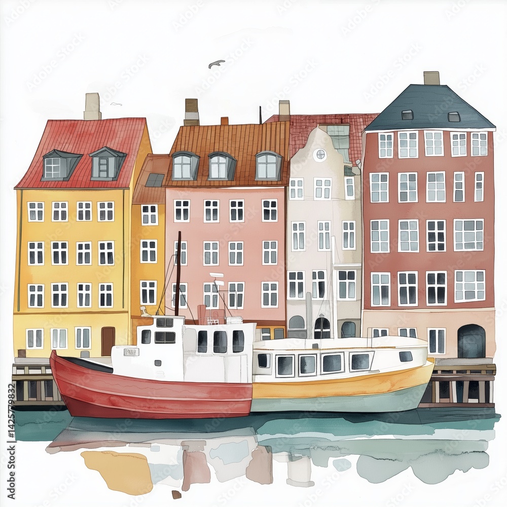 Naklejka premium Nyhavn. Nyhavn hand drawn watercolor illustration