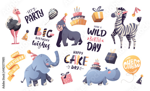 Birthday set with cute jungle animals, cake, gifts, lettering. Gorilla, elephant, zebra, hippopotamus, ostrich. Vector illustration.