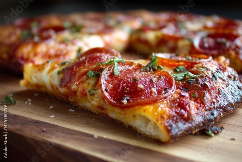 Thin crust pepperoni pizza slice.