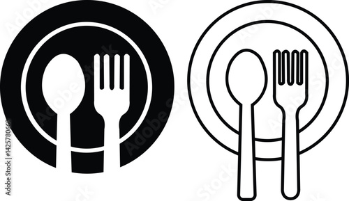 Fork, spoon and plate icons set. Dining essential vectors. Crockery symbols. Tableware instrument. Cutlery icons flat, outline styles for food and restaurant themes isolated on transparent background.
