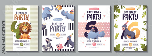 Birthday invitation set with cute jungle animals. Gorilla, elephant, zebra, hippopotamus, lion. 4, 5, 6 years old. Vector illustration.