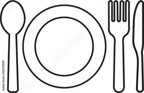 Fork, knife, spoon and plate icon. Dining essential vector. Crockery symbol. Tableware instrument. Cutlery illustration outline style for food and restaurant themes isolated on transparent background.