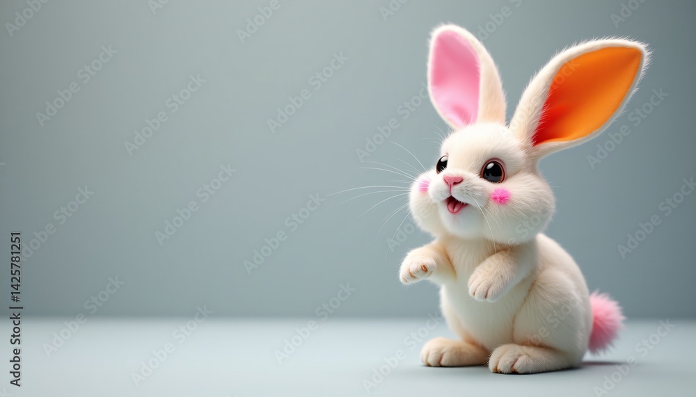 Obraz premium A colorful bunny stands against a gray background, showcasing vibrant pink and orange ears. This delightful representation captures the essence of Easter joy and creativity in a playful manner.