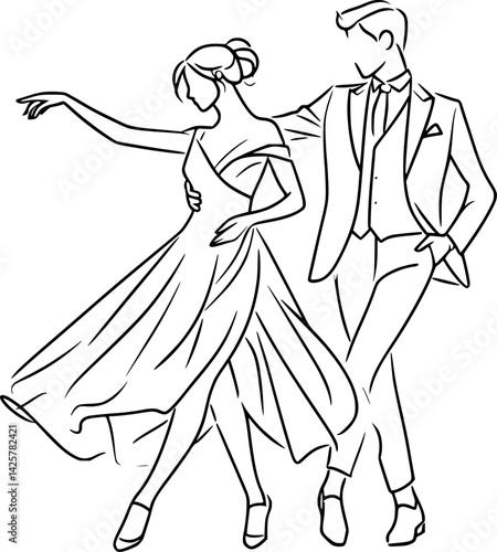 A stylized line drawing of a man and woman dancing a ballroom dance, likely a waltz or similar elegant style.
