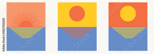  Trendy 1970s retro summer poster. Set of three minimalist sunset illustrations with sun mountains and sea in bold colors