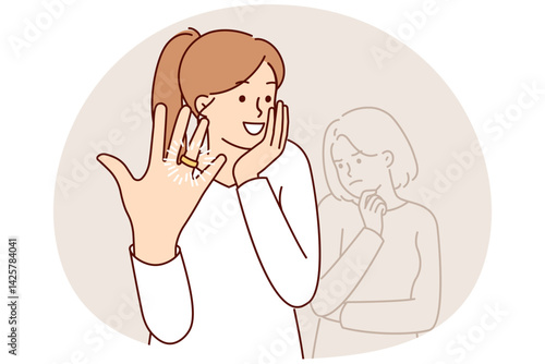 Woman feels delight showing wedding ring on finger after marriage proposal from boyfriend