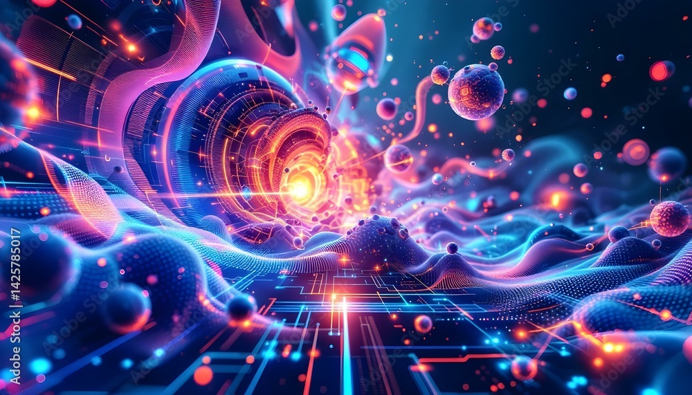 Abstract futuristic digital technology background featuring intricate network connections with pulsating light streams, set against a backdrop of deep space with distant stars Abstract futuristic digital technology background featuring intricate network connections with pulsating light streams, set against a backdrop of deep space with distant stars