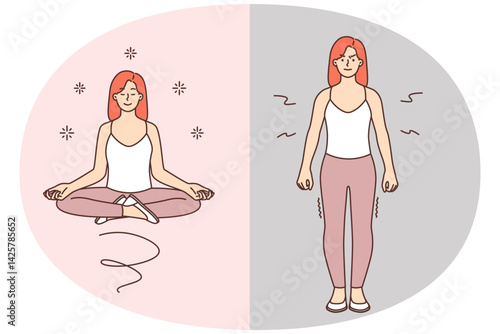 Angered woman becomes calm after meditation practice from yoga in lotus position