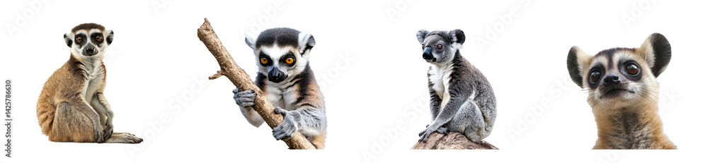 Fototapeta premium Ring-tailed lemur, koala, mongoose lemur portraits, cut out transparent