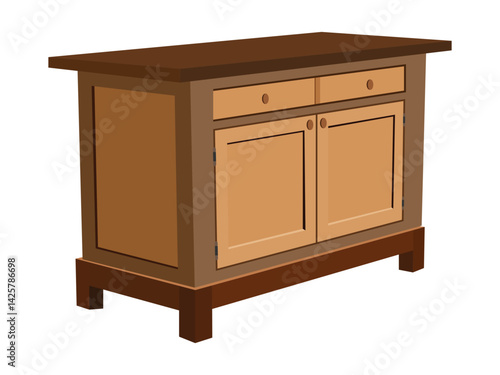 Kitchen island cabinet with drawers and doors in wood finish for home interior storage