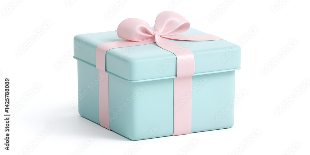 Fototapeta premium Elegant Blue Gift Box with Pink Ribbon on White Background