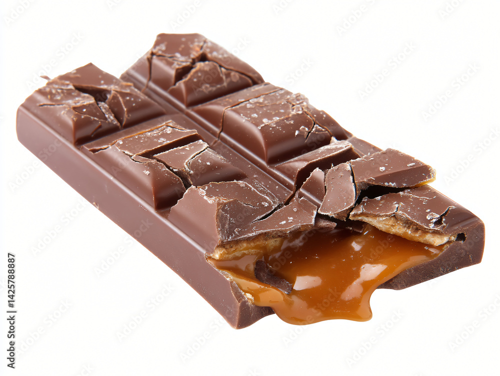 Irresistible Indulgence: A tempting close-up shot reveals a decadent chocolate bar, its rich, broken surface hinting at a flowing caramel core. This image is a feast for the senses.