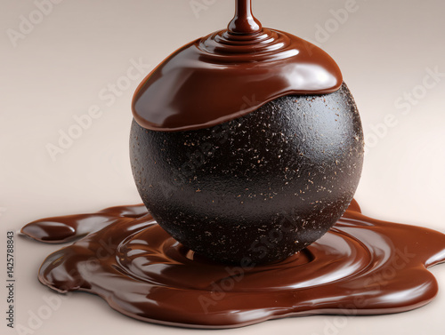 Luxurious Chocolate Sphere: A delectable chocolate sphere is artfully adorned with a flowing cascade of rich, molten chocolate, creating a tempting treat for any palate.
