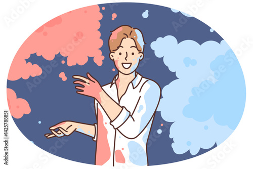Man in white shirt scatters multi-colored powder on sides, wanting to share bright emotions