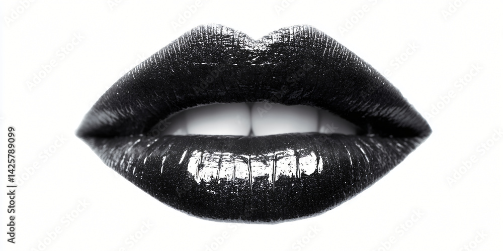 Black Lips:Close-up shot of a pair of full lips with dark black lipstick. The image has a high-fashion feel and can be used for beauty, cosmetics, or fashion-related projects.
