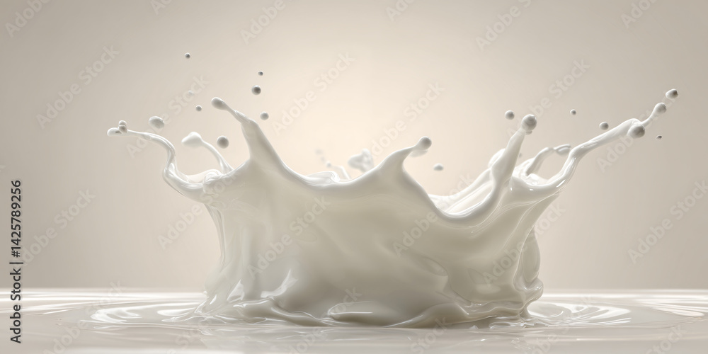 Milk Splash Crown: A pristine crown of milk splashes elegantly, creating a mesmerizing abstract form against a soft, neutral backdrop. The image is perfect for concepts related to dairy, freshness.
