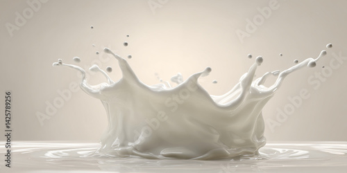 Obraz na płótnie Milk Splash Crown: A pristine crown of milk splashes elegantly, creating a mesmerizing abstract form against a soft, neutral backdrop. The image is perfect for concepts related to dairy, freshness. w salonie