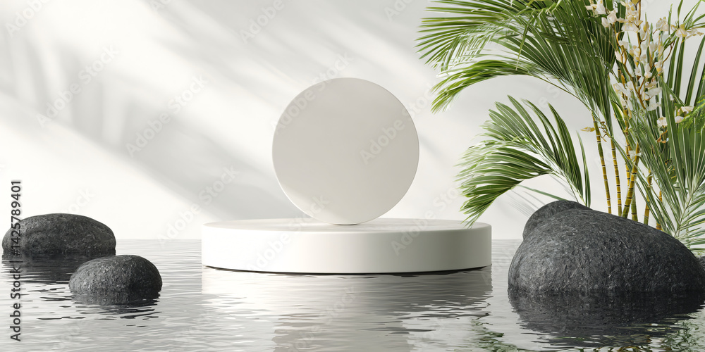 Serene Zen Display: A minimalistic and tranquil composition, featuring a clean, circular podium, and natural elements like stones and lush green plants, embodies peace.