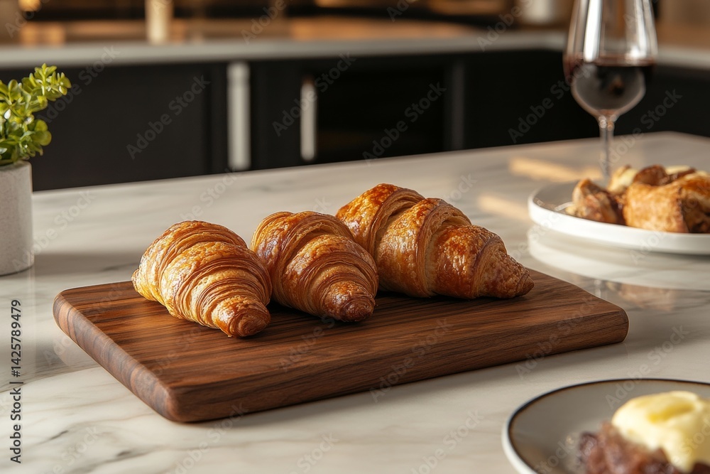 Classic french croissants on wooden board.