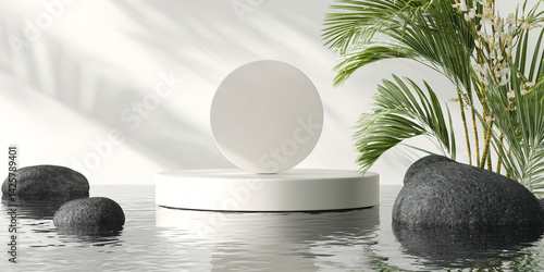 Obraz na płótnie Serene Zen Display: A minimalistic and tranquil composition, featuring a clean, circular podium, and natural elements like stones and lush green plants, embodies peace. w salonie