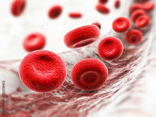 Obraz na płótnie Blood Cells Close-up: A detailed depiction of red blood cells flowing through a vessel, offering a glimpse into the intricate world of human biology. w salonie