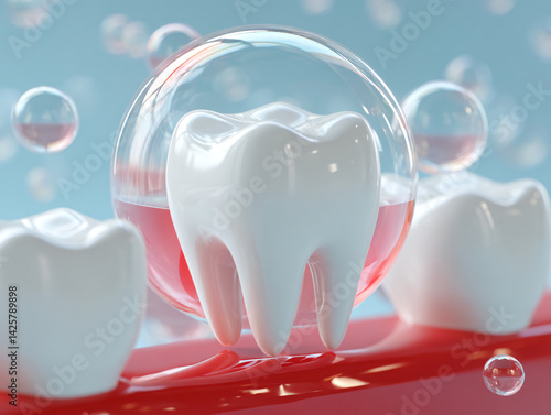 Obraz na płótnie Clean Teeth in Bubble: A single, healthy tooth is nestled within a protective bubble, surrounded by other teeth and numerous bubbles, symbolizing cleanliness and oral hygiene. w salonie