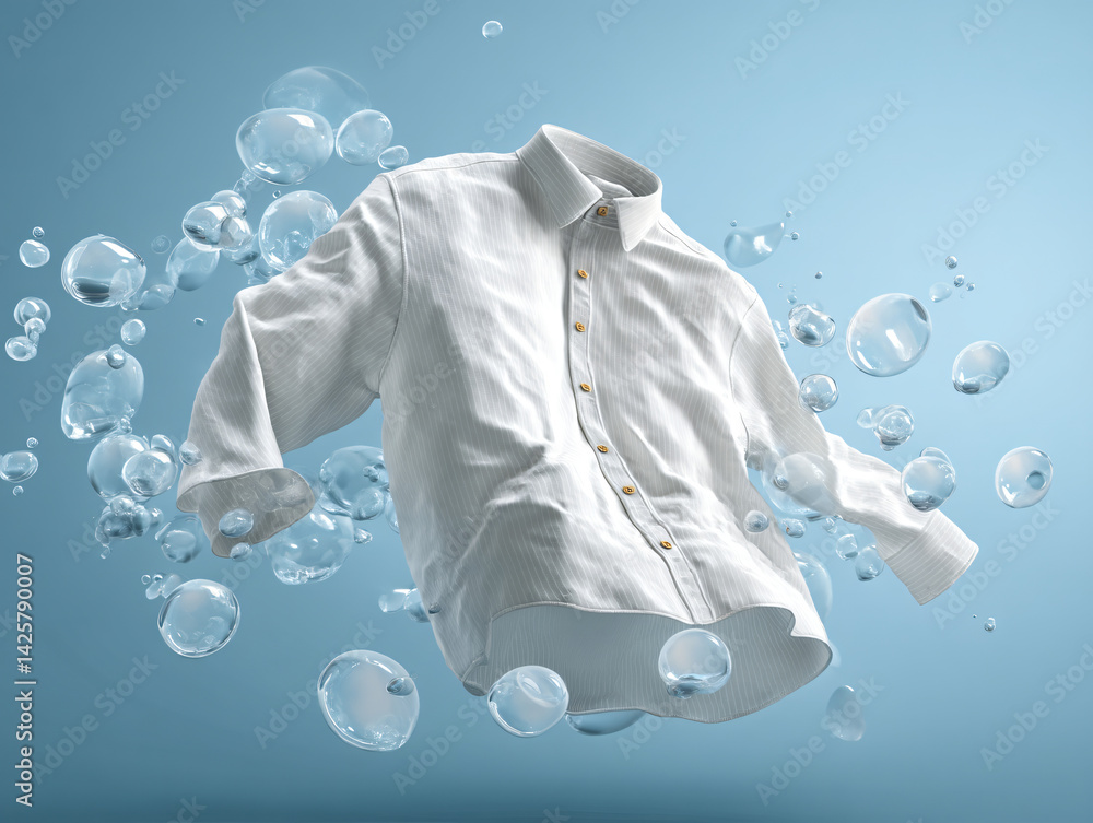 Fresh Laundry: A pristine, crisp white shirt floats amidst effervescent bubbles, presenting the essence of cleanliness and freshness in a bright, airy composition.