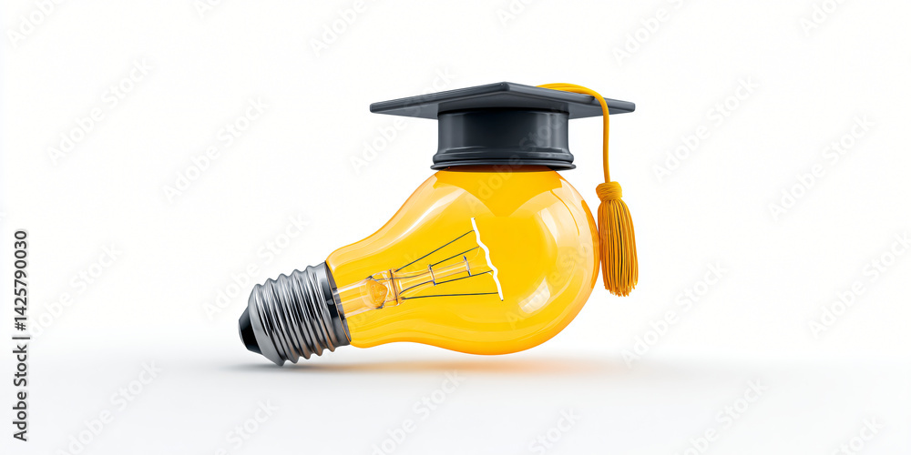 Academic Brilliance: An illuminated lightbulb, adorned with a mortarboard, symbolizes academic insight and the spark of knowledge.