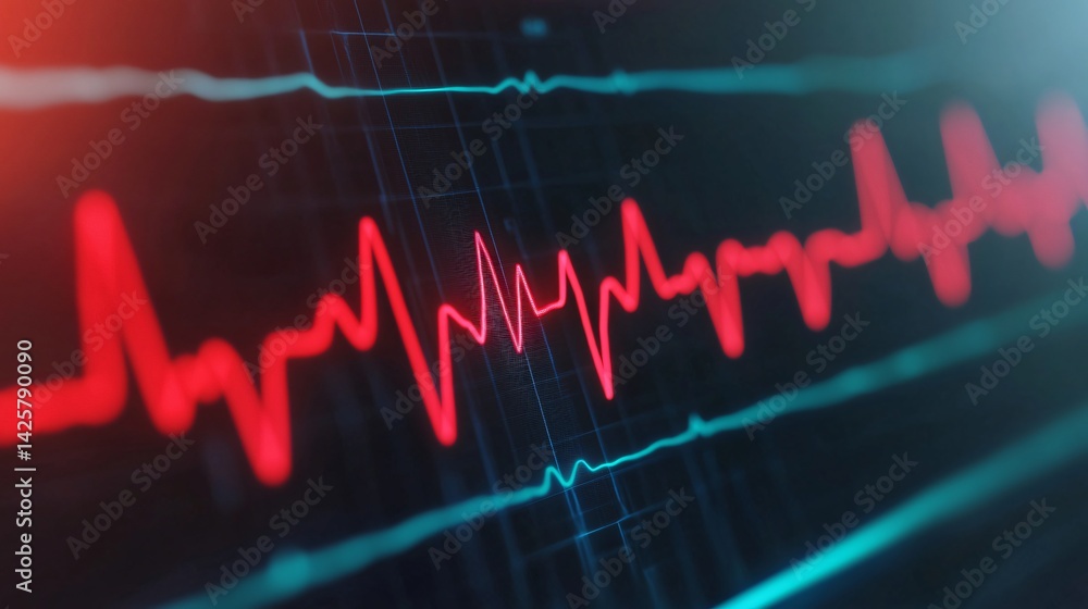 Fototapeta premium Red ECG Heartbeat Monitor Screen Display Medical Technology Cardiac Rhythm