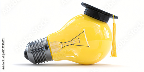 Graduation Idea Bulb: A yellow light bulb, creatively adorned with a graduation cap, symbolizes a brilliant idea, academic achievement, innovative thinking, and the power of education.