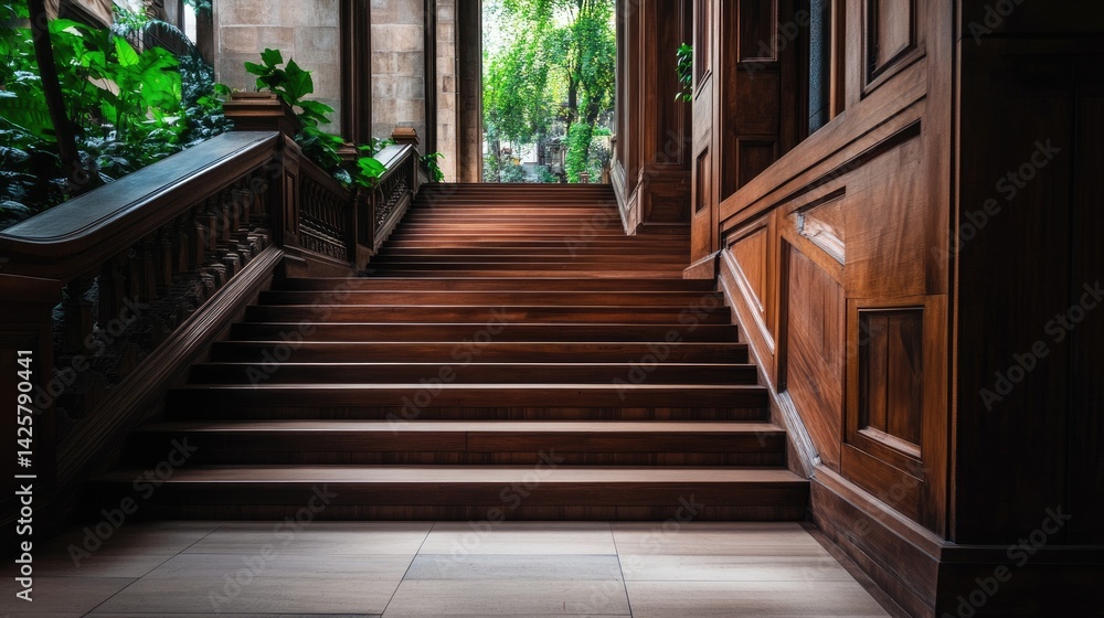 Elegant Wooden Staircase with Lush Greenery in Natural Light Elegant Wooden Staircase with Lush Greenery in Natural Light
