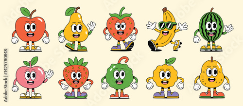Retro Cartoon Fruit Characters Set Illustration