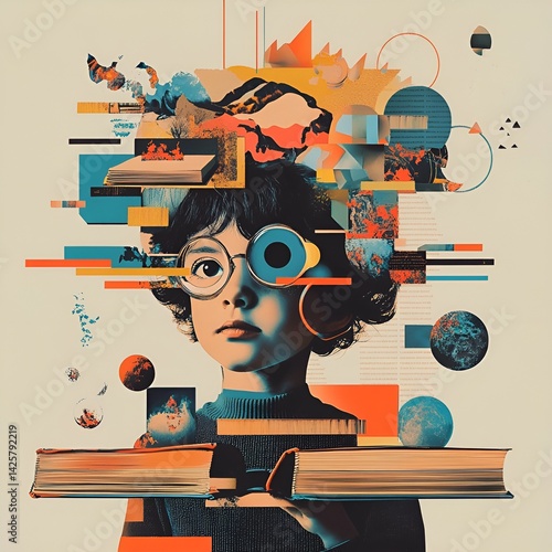 Knowledge and science children with books artistic graphic collage 

