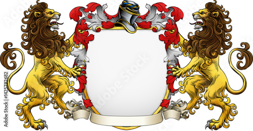 Lions coat of arms or crest family heraldry medieval heraldic knight shield with helmet and acanthus filigree scroll ornament in a vintage woodcut style.