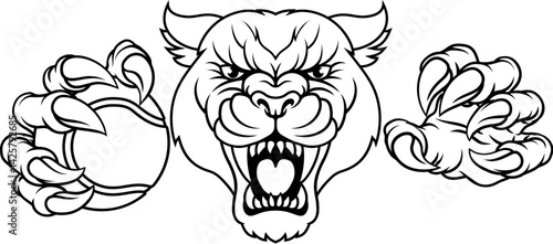 A panther, leopard or cougar wildcat cat jaguar tennis sports mascot holding a ball