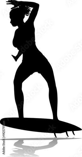 Surfer surfboard boarding female surfer surfing silhouette outline. Woman surf pose design concept.