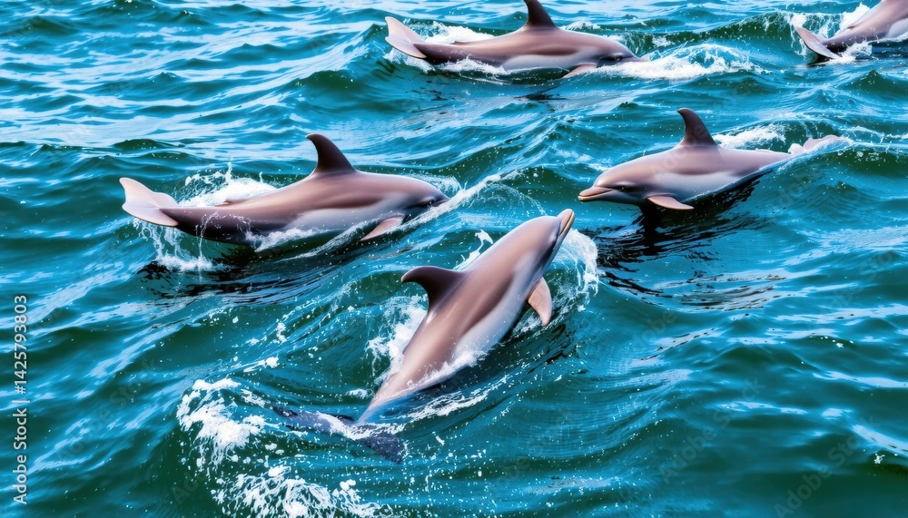 Obraz premium Dolphins swimming in wavy ocean water.