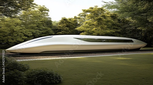Futuristic train glides through lush parkland.  Modern, sleek design