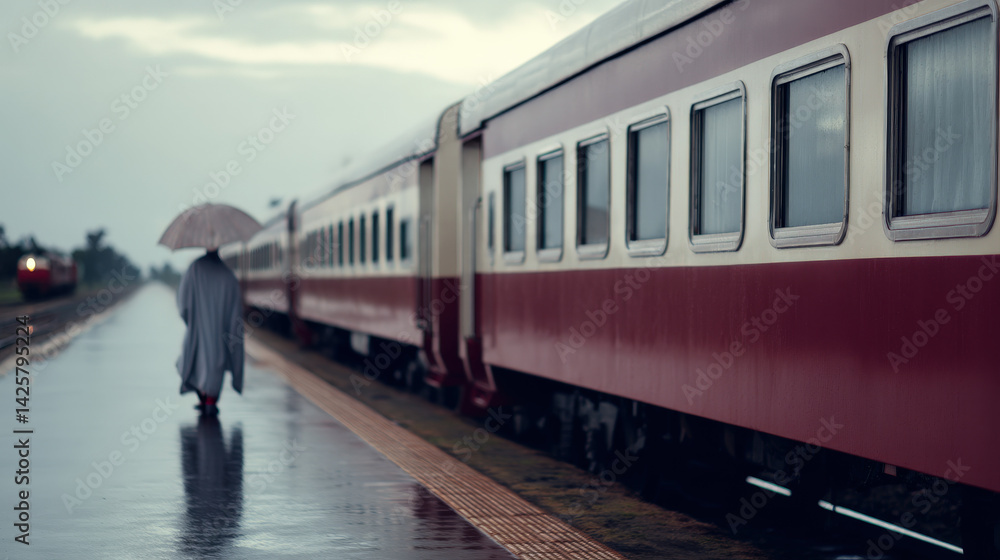 Naklejka premium A lone figure walks along a rain-soaked train platform, holding a closed umbrella, with a vintage red and cream train in the background surrounded by overcast skies