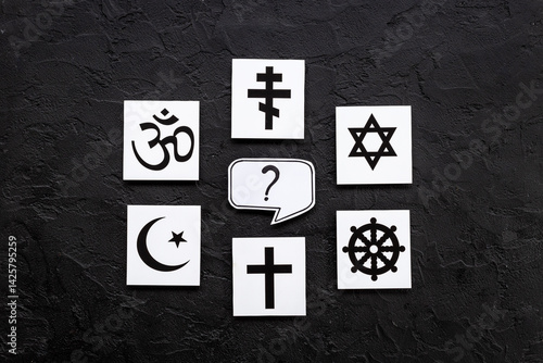 Photography World religious symbols - Christianity cross, Islam crescent, Buddhism dharma wh