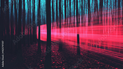 vibrant digital forest with flowing streams of light in shades of pink and blue, creating surreal atmosphere