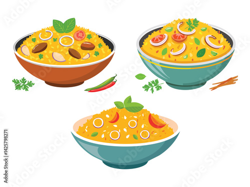 vector illustration of an indian food Biryani (Spiced Rice with Meat or Vegetables)
