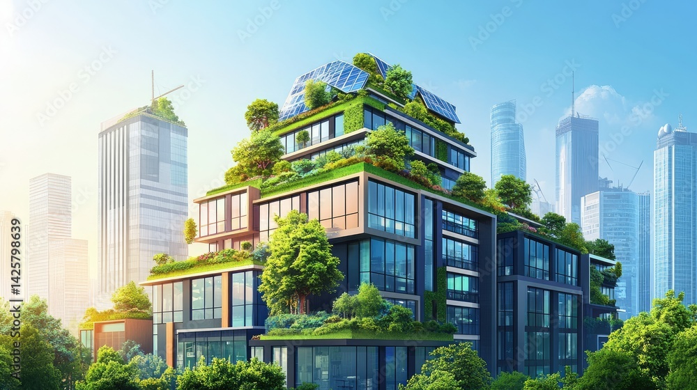 rendering of a building with a solar array on top of it, in an eco city rendering of a building with a solar array on top of it, in an eco city