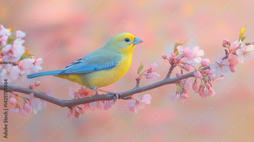 Obraz premium Yellow bird perched on cherry blossom branch, spring garden