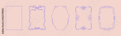 Collection of doodle hand drawn trendy frames with wavy lines, bows and ribbons. Minimalist line art for birthday, christmas, wedding Invitations.